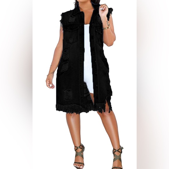 BRAND NEW WOMENS BLACK LONGLINE DISTRESSED DENIM VEST NWT - Picture 3 of 4